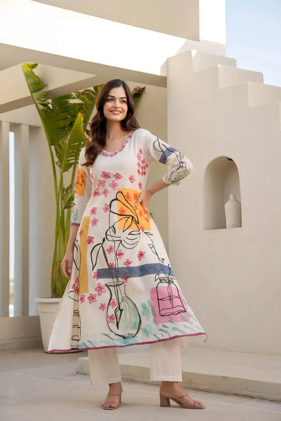 A-LINE FLORAL & ABSTRACT PRINT COTTON KURTA WITH STRAIGHT PANTS - CASUAL WEAR SET