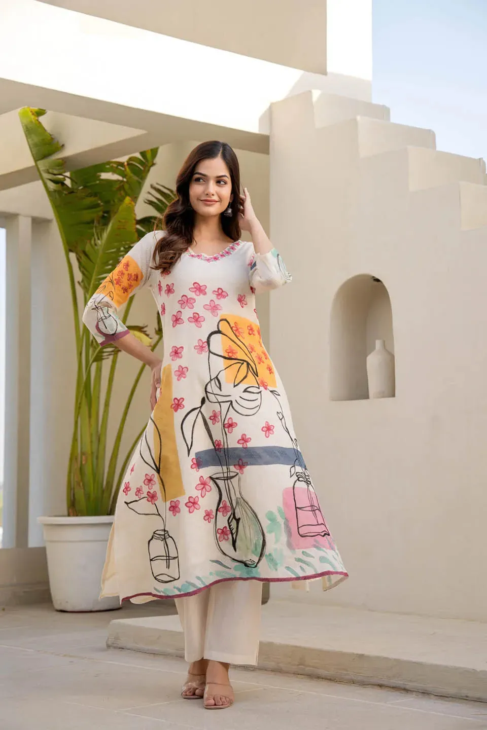 A-LINE FLORAL & ABSTRACT PRINT COTTON KURTA WITH STRAIGHT PANTS - CASUAL WEAR SET