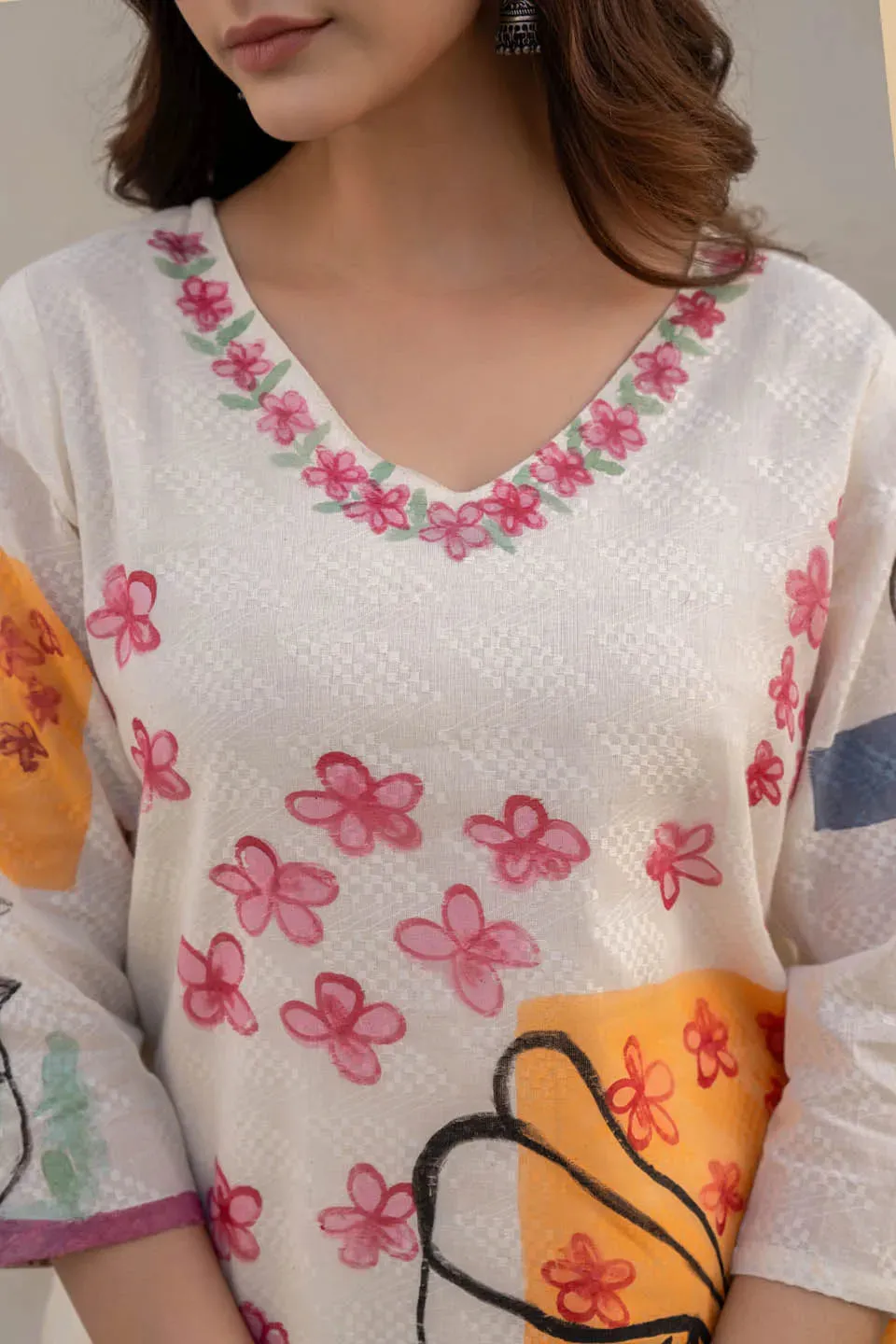 A-LINE FLORAL & ABSTRACT PRINT COTTON KURTA WITH STRAIGHT PANTS - CASUAL WEAR SET