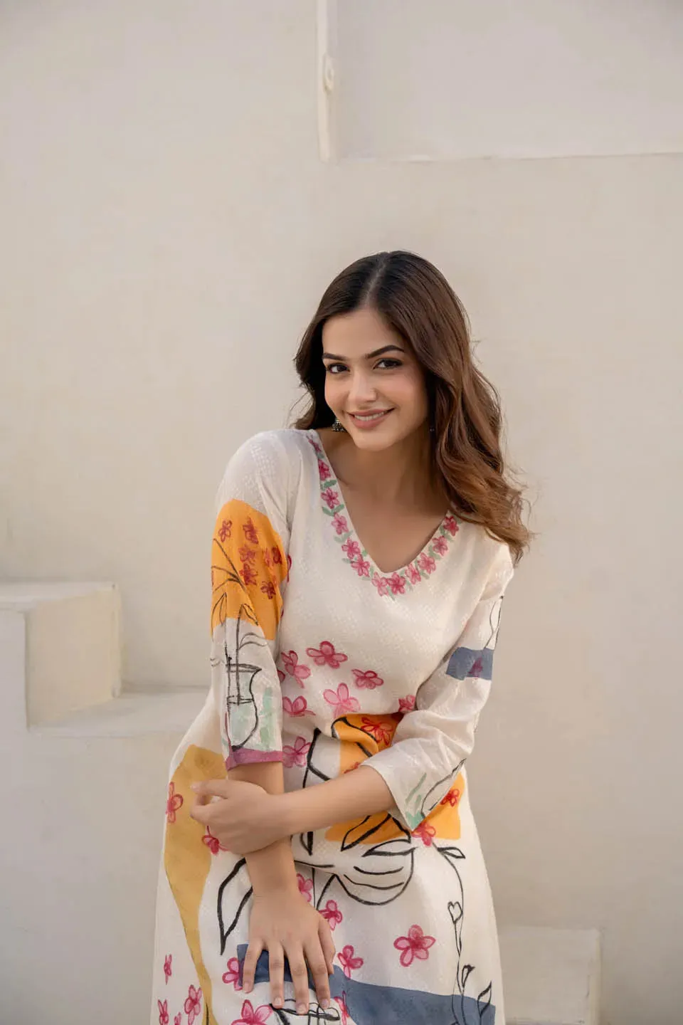 A-LINE FLORAL & ABSTRACT PRINT COTTON KURTA WITH STRAIGHT PANTS - CASUAL WEAR SET