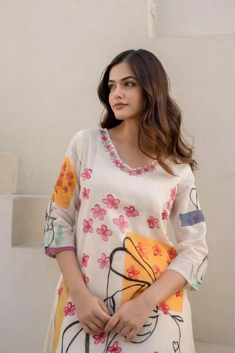 A-LINE FLORAL & ABSTRACT PRINT COTTON KURTA WITH STRAIGHT PANTS - CASUAL WEAR SET