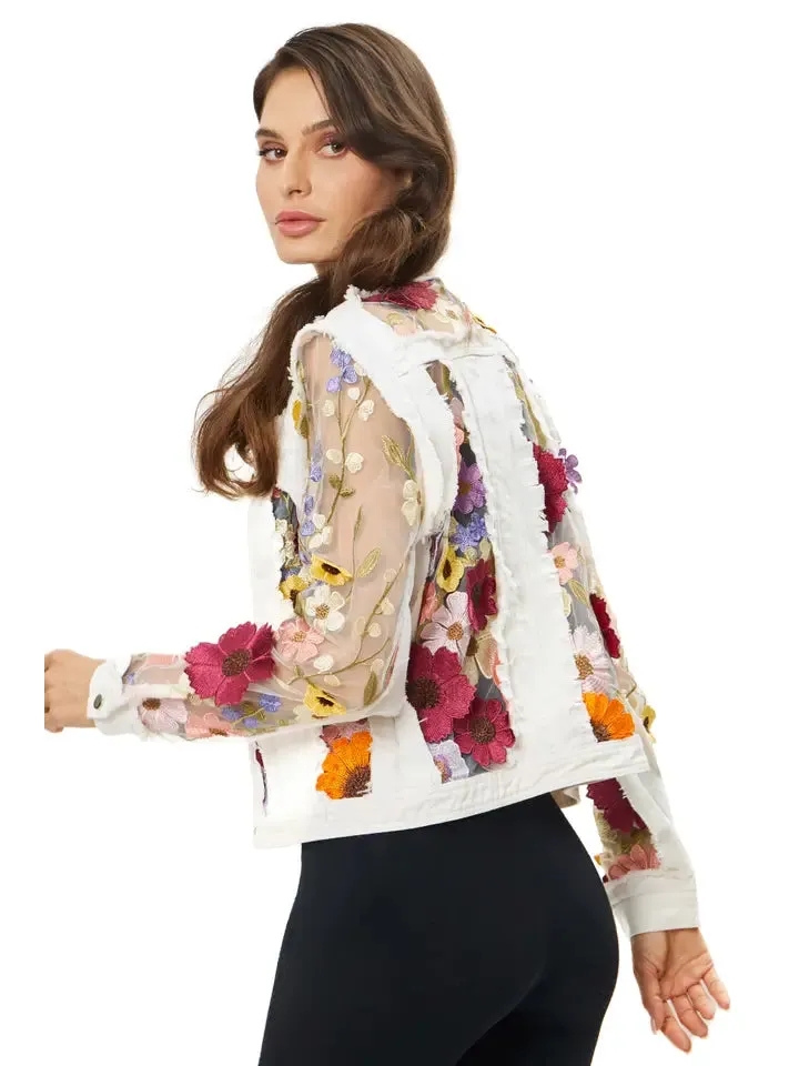 Adore, Denim, Lace Jacket with 3D Floral Embroidery in White