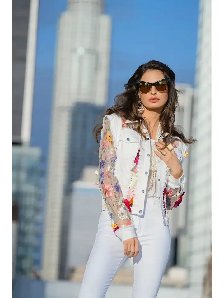 Adore, Denim, Lace Jacket with 3D Floral Embroidery in White