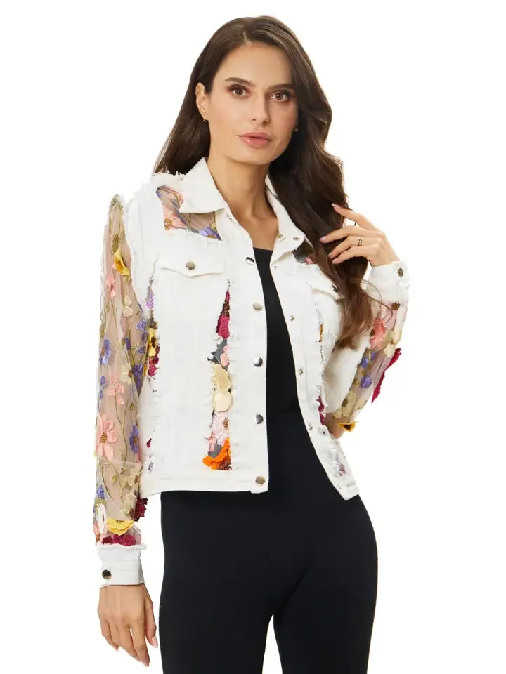 Adore, Denim, Lace Jacket with 3D Floral Embroidery in White