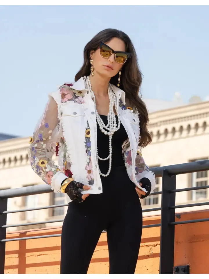 Adore, Denim, Lace Jacket with 3D Floral Embroidery in White
