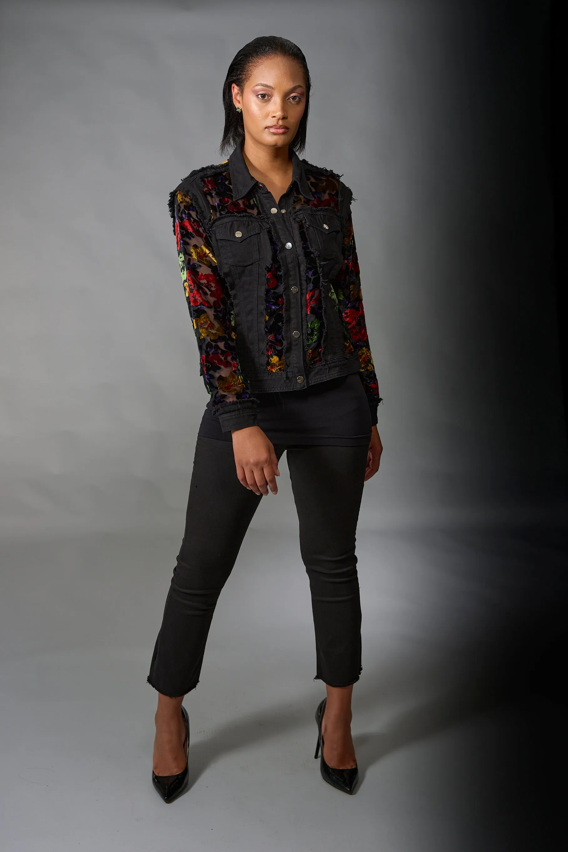 Adore, Denim, Multi Color Velvet Jacket with Embroidery in Black