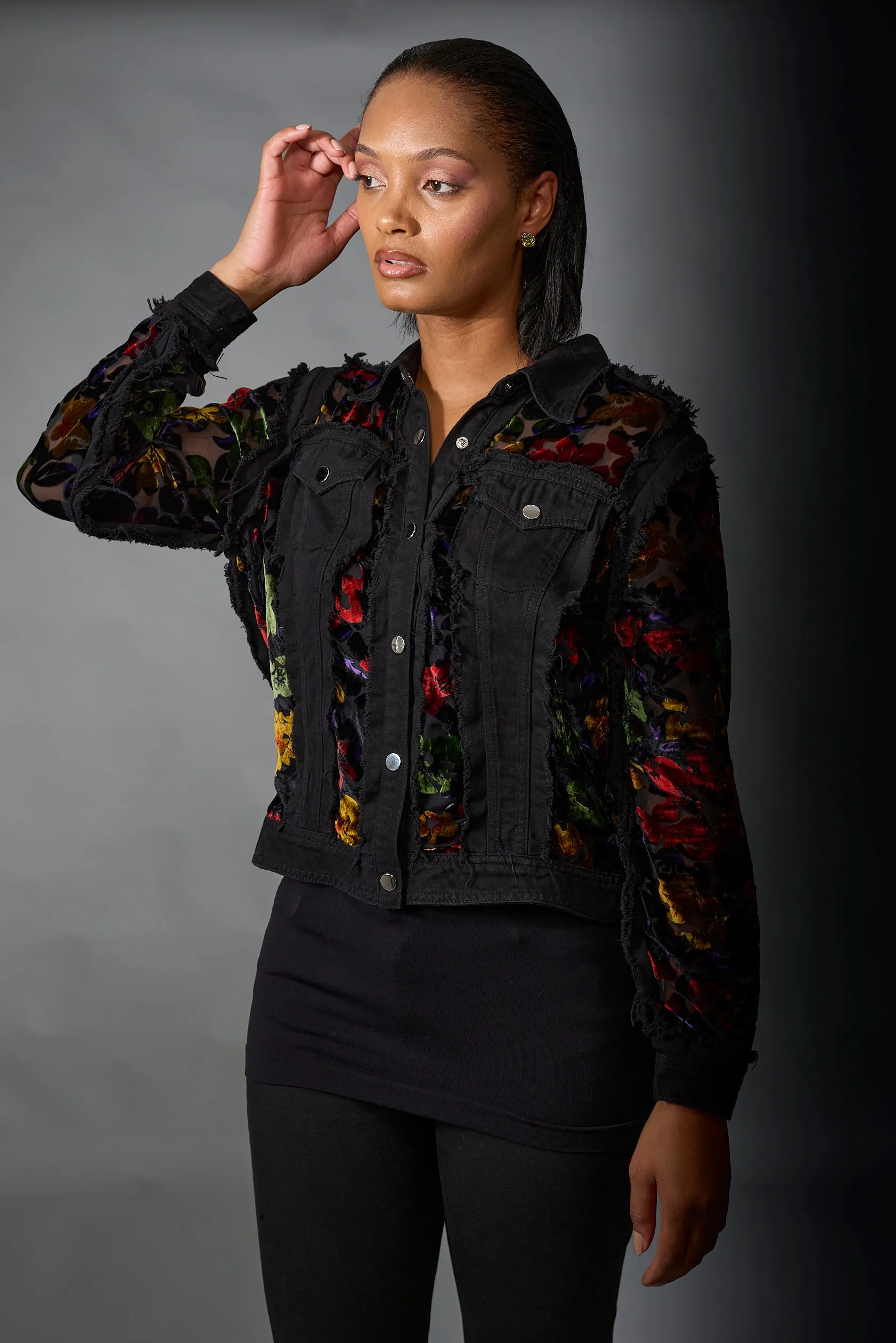 Adore, Denim, Multi Color Velvet Jacket with Embroidery in Black
