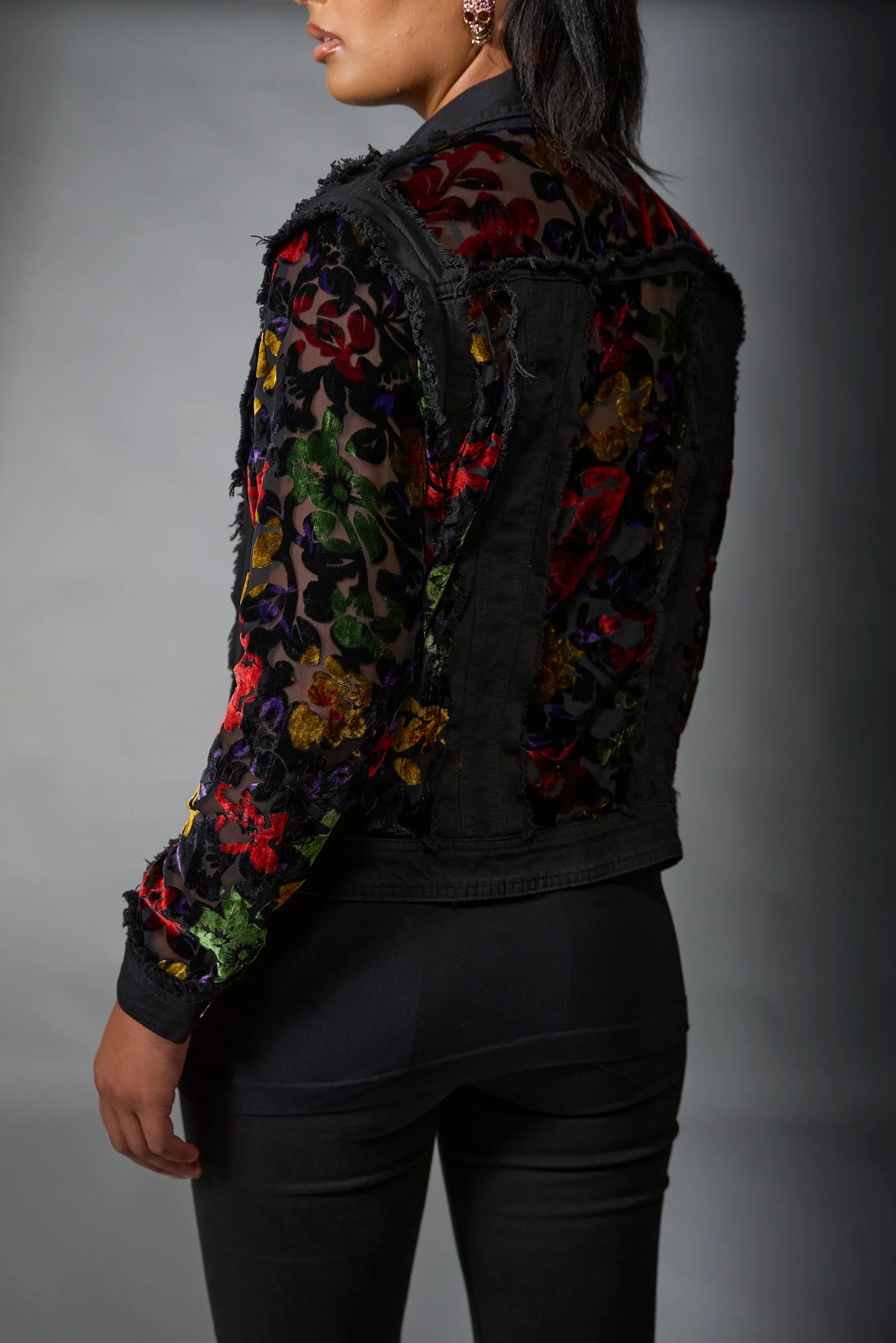 Adore, Denim, Multi Color Velvet Jacket with Embroidery in Black
