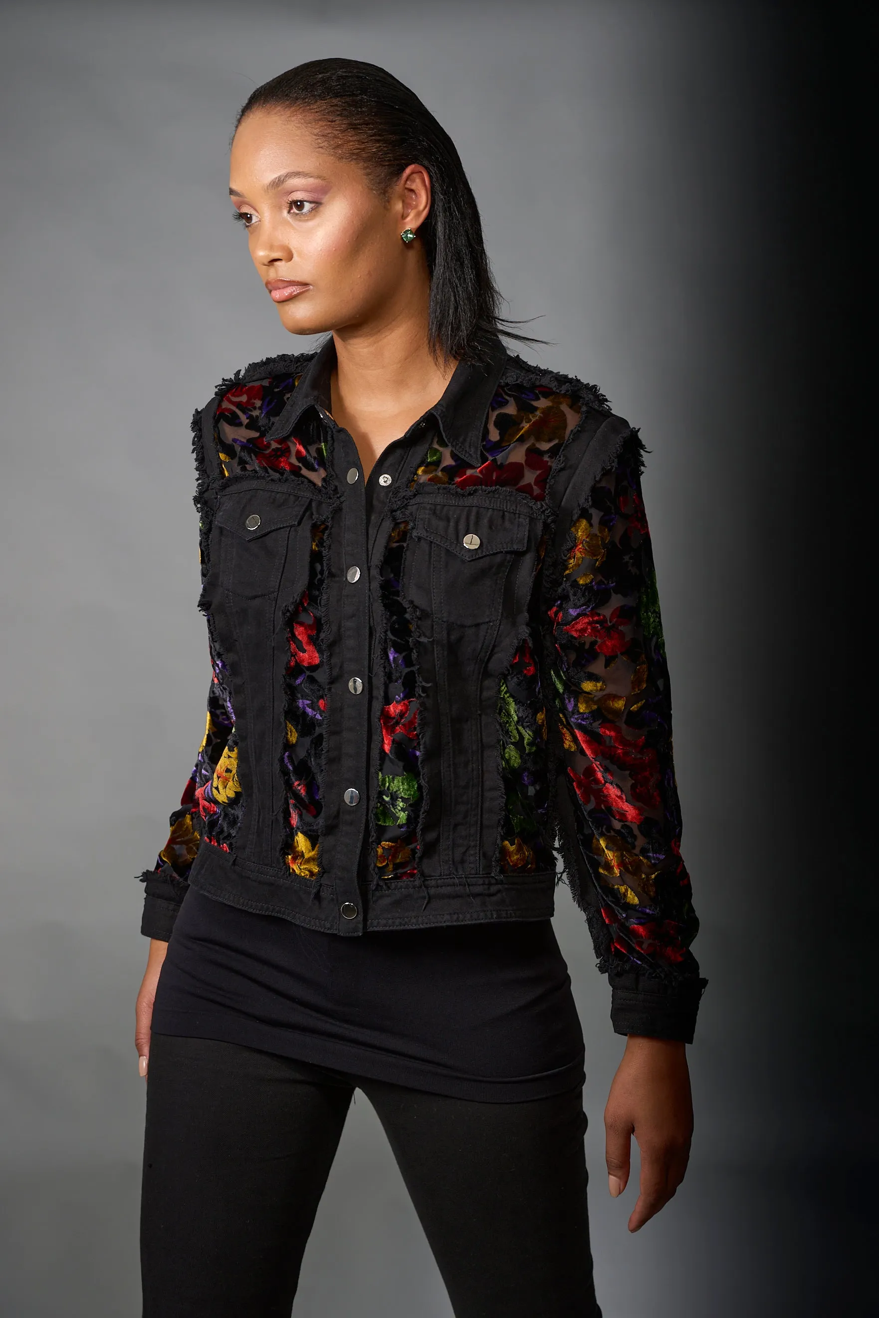 Adore, Denim, Multi Color Velvet Jacket with Embroidery in Black