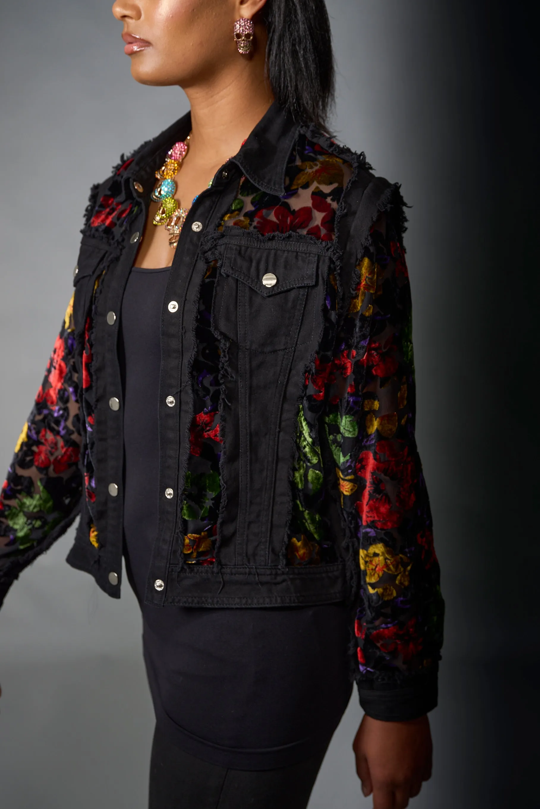Adore, Denim, Multi Color Velvet Jacket with Embroidery in Black
