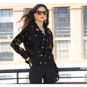 Adore, Denim, Multi Color Velvet Jacket with Embroidery in Black