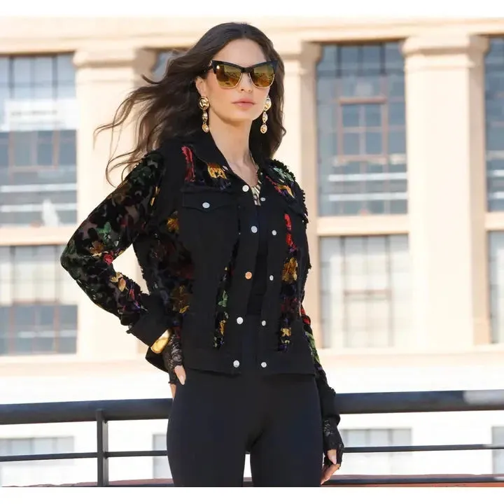 Adore, Denim, Multi Color Velvet Jacket with Embroidery in Black