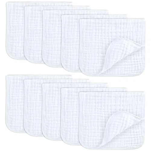 Baby Washcloths, Muslin Cotton Baby Towels, Large 10”x10” Wash Cloths Soft on Sensitive Skin, Absorbent for Boys & Girls, Newborn Baby & Toddlers Bibs & Burp Cloths Essentials Set (Sage, Pack of 10)