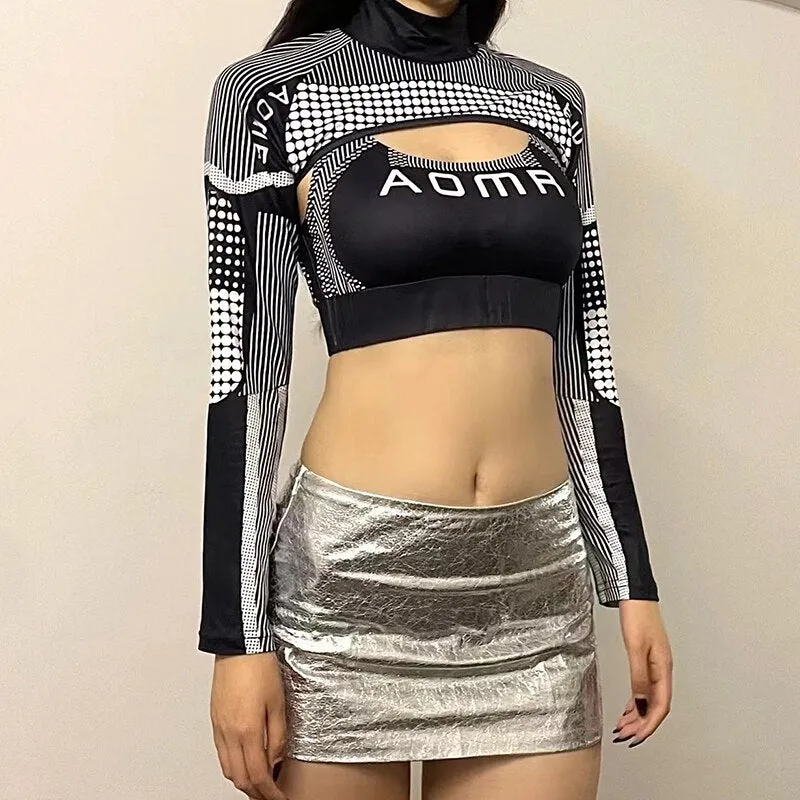 Biker Stripe Letter Printed High Neck Top