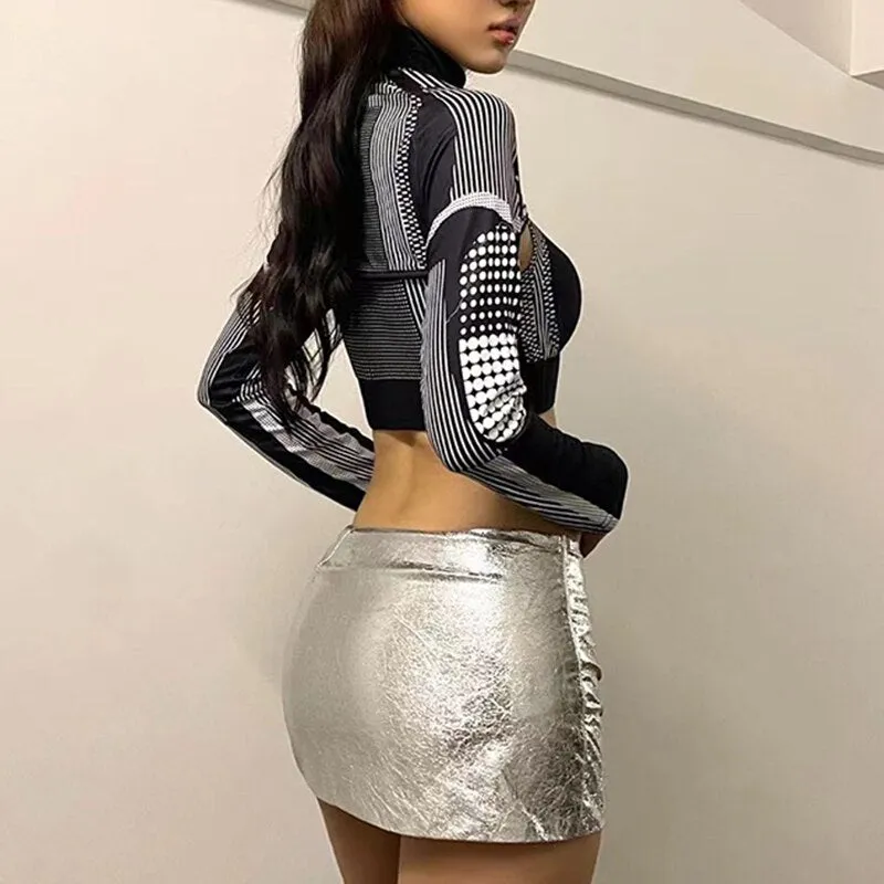Biker Stripe Letter Printed High Neck Top