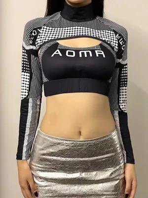 Biker Stripe Letter Printed High Neck Top