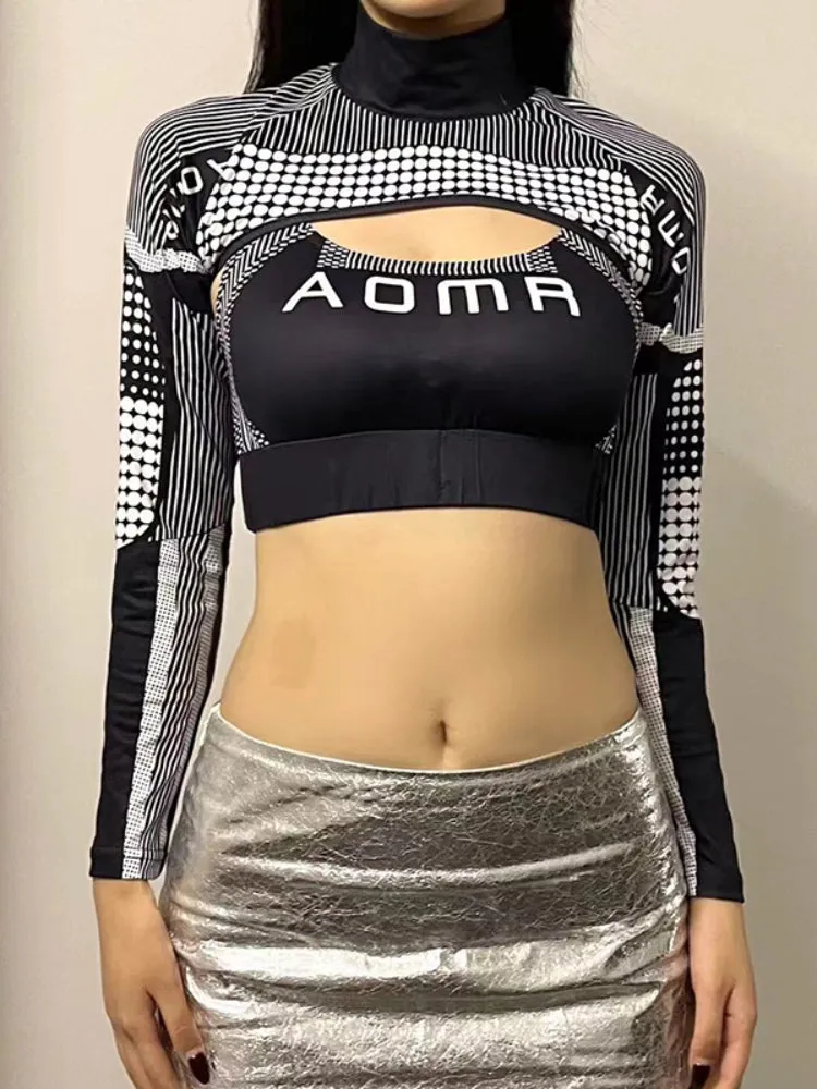 Biker Stripe Letter Printed High Neck Top