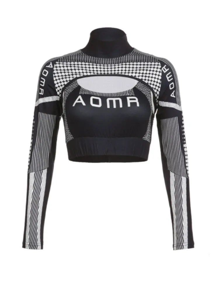 Biker Stripe Letter Printed High Neck Top