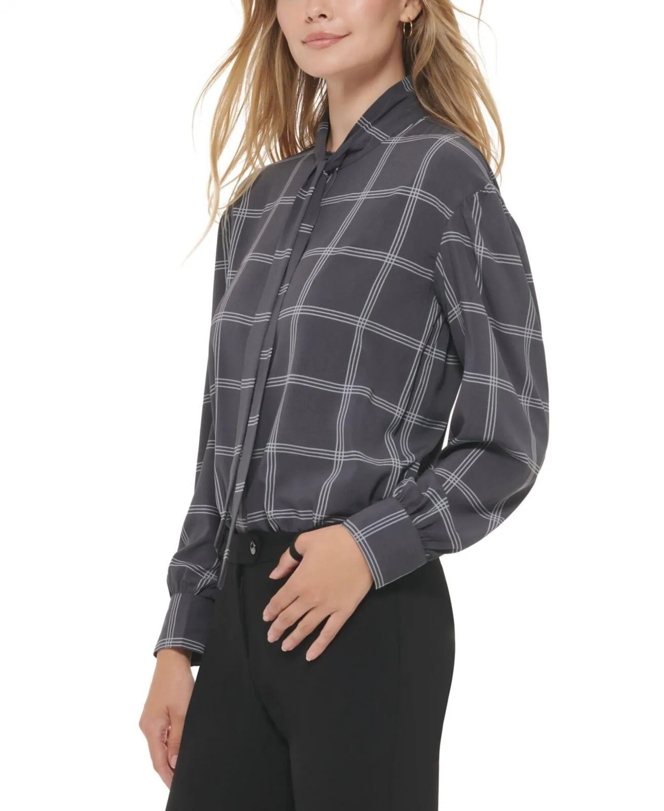 Calvin Klein Womens Petite Windowpane Tie-Neck Blouse T28TG15D