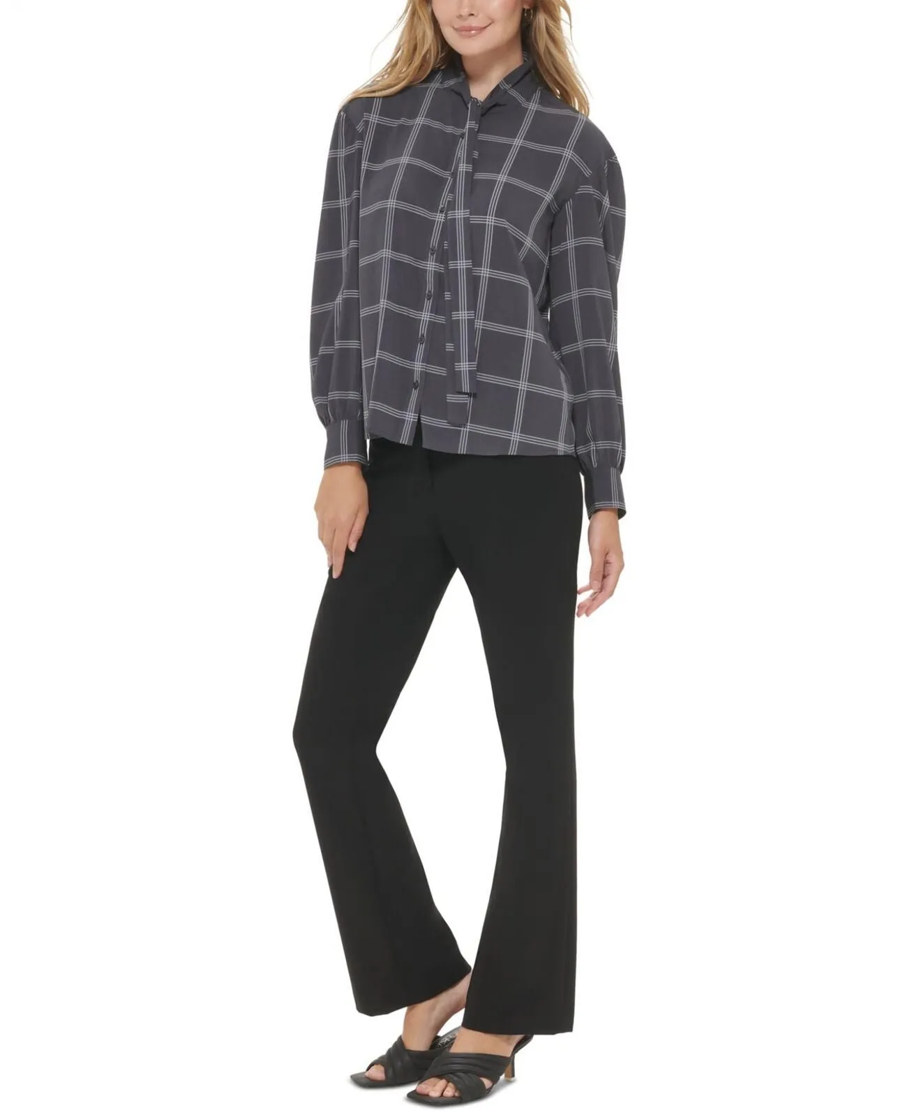 Calvin Klein Womens Petite Windowpane Tie-Neck Blouse T28TG15D
