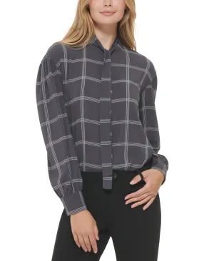 Calvin Klein Womens Petite Windowpane Tie-Neck Blouse T28TG15D