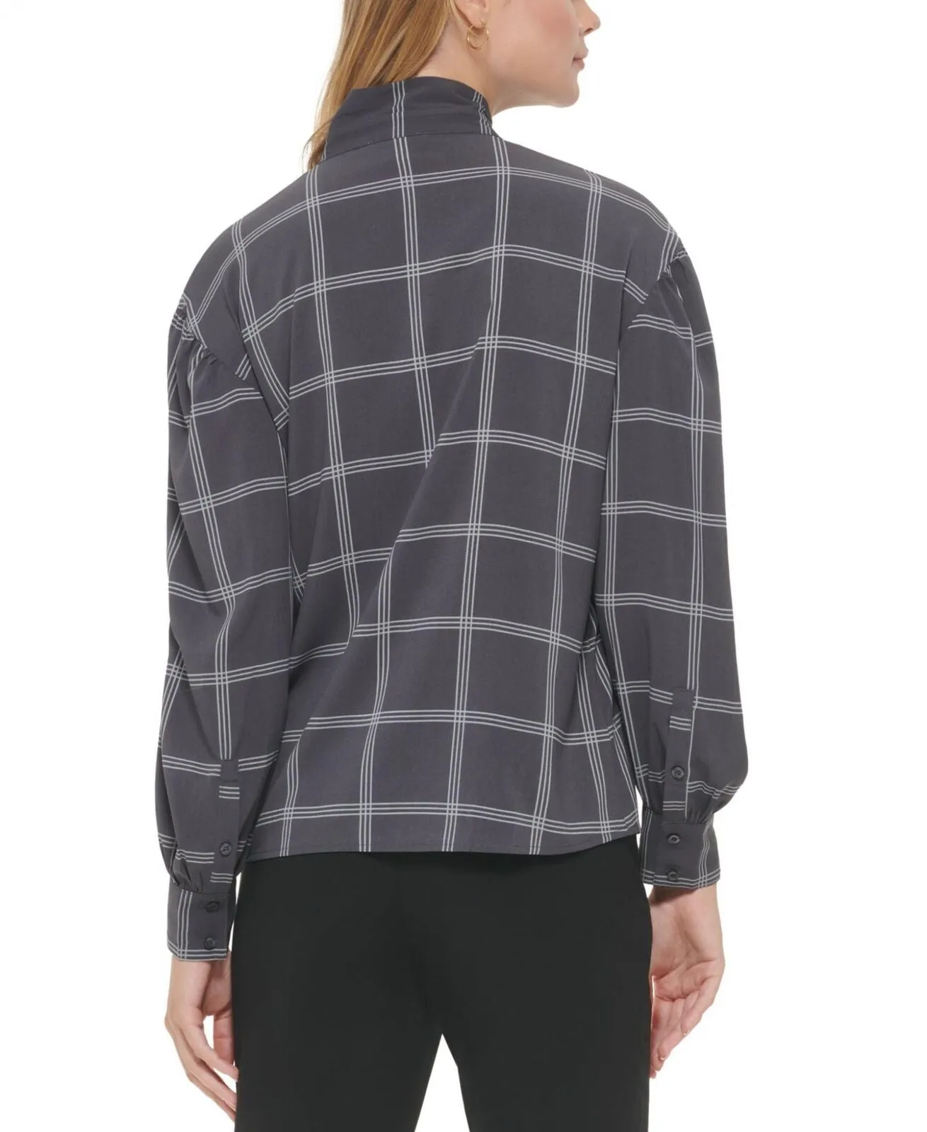Calvin Klein Womens Petite Windowpane Tie-Neck Blouse T28TG15D