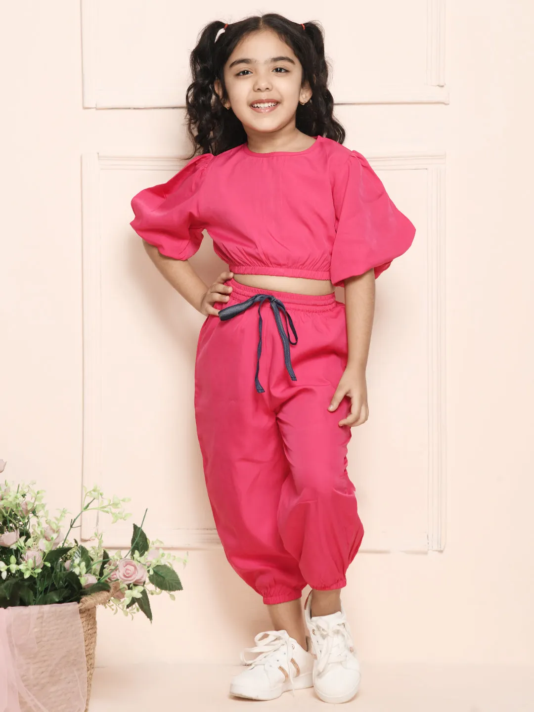 Dark Pink Ballon Sleeve Crop Top with Jogger Pant Coordinated Set