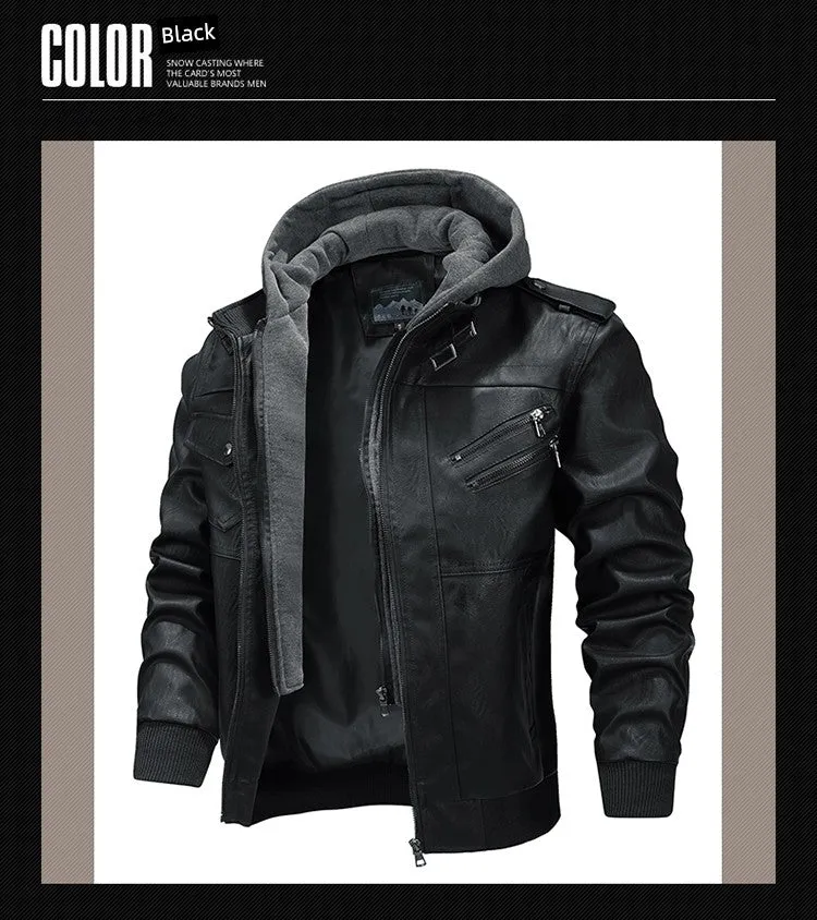 Detachable Hat Fall plus Size Casual Cycling Leather Coat