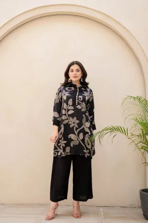 ELEGANT BLACK FLORAL EMBROIDERED KURTA WITH MATCHING PALAZZO SET