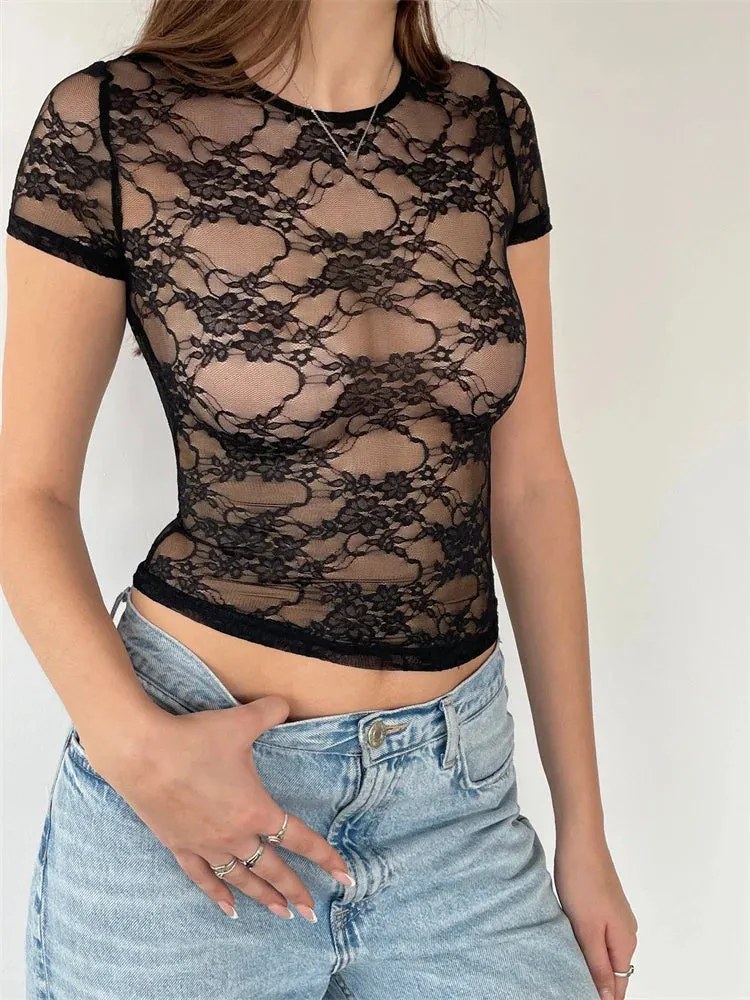 FashionSierra - Fairy Grunge Lace Top Sexy Mesh See Through O-Neck Short Sleeve Summer Party Club Streetwear Tee