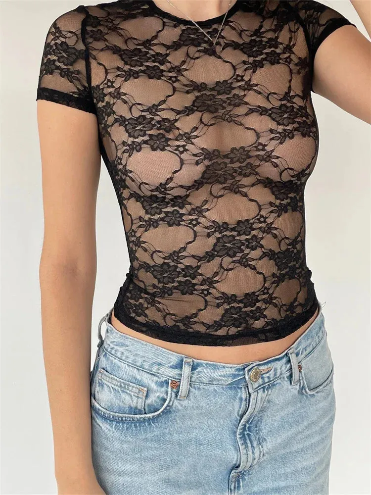 FashionSierra - Fairy Grunge Lace Top Sexy Mesh See Through O-Neck Short Sleeve Summer Party Club Streetwear Tee