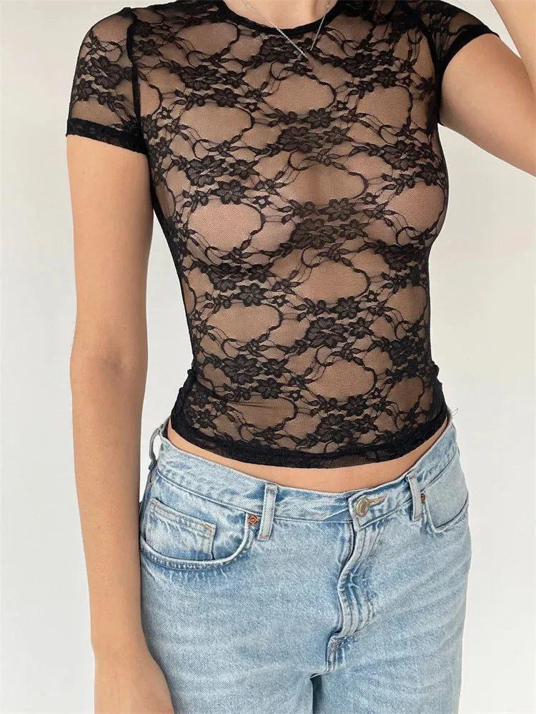 FashionSierra - Fairy Grunge Lace Top Sexy Mesh See Through O-Neck Short Sleeve Summer Party Club Streetwear Tee