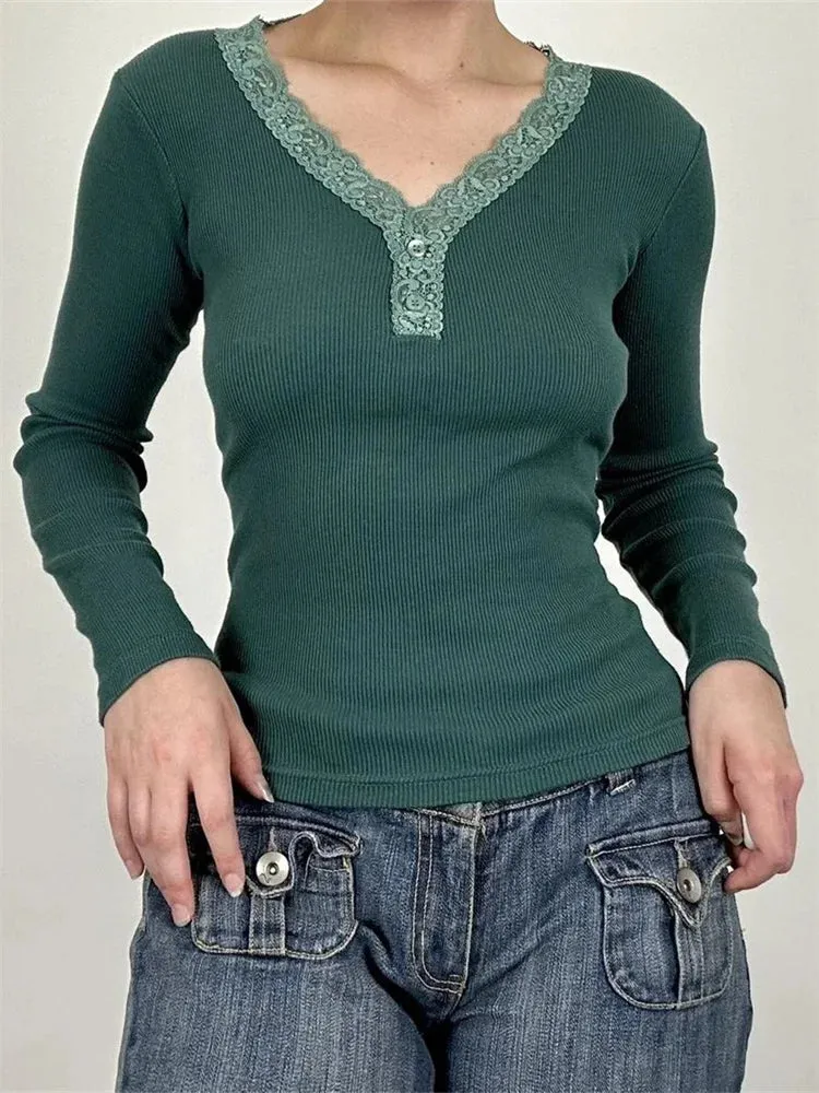 FashionSierra - Retro Slim Ribbed Lace Patchwork V-Neck Long Sleeve Basic Spring Fall Streetwear Tee