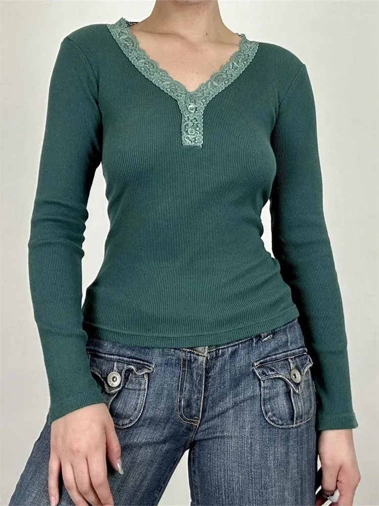 FashionSierra - Retro Slim Ribbed Lace Patchwork V-Neck Long Sleeve Basic Spring Fall Streetwear Tee