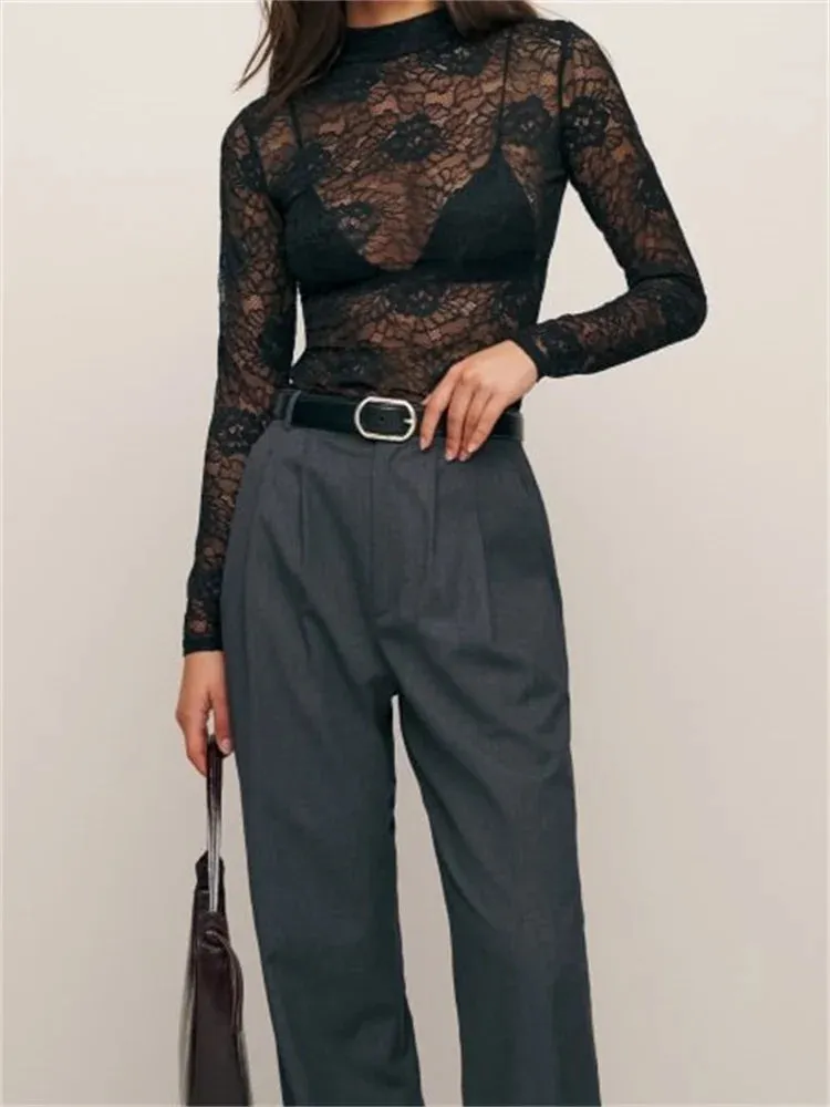 FashionSierra - Sexy Lace Slim Long Sleeve High Neck Lace Flower Embroidery See Through Hollow Out for Party Tee