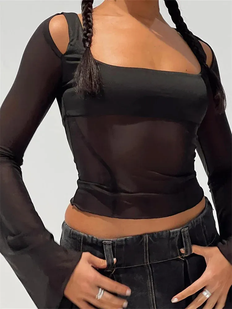 FashionSierra - Sexy Long Flare Sleeve Square Neck See-through Mesh Patchwork Slim Fit Black Streetwear Tee