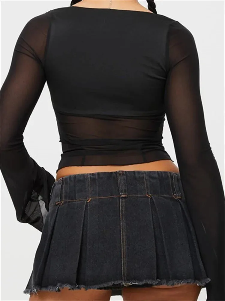 FashionSierra - Sexy Long Flare Sleeve Square Neck See-through Mesh Patchwork Slim Fit Black Streetwear Tee