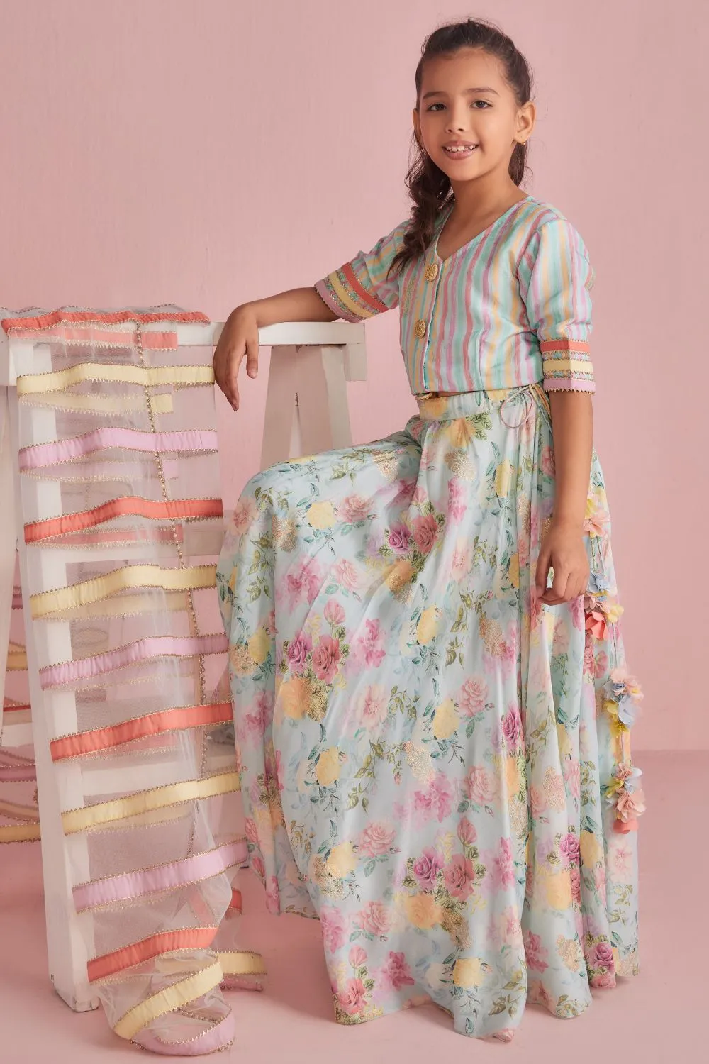 Floral Lehenga With Coordinated Stripe Blouse Set