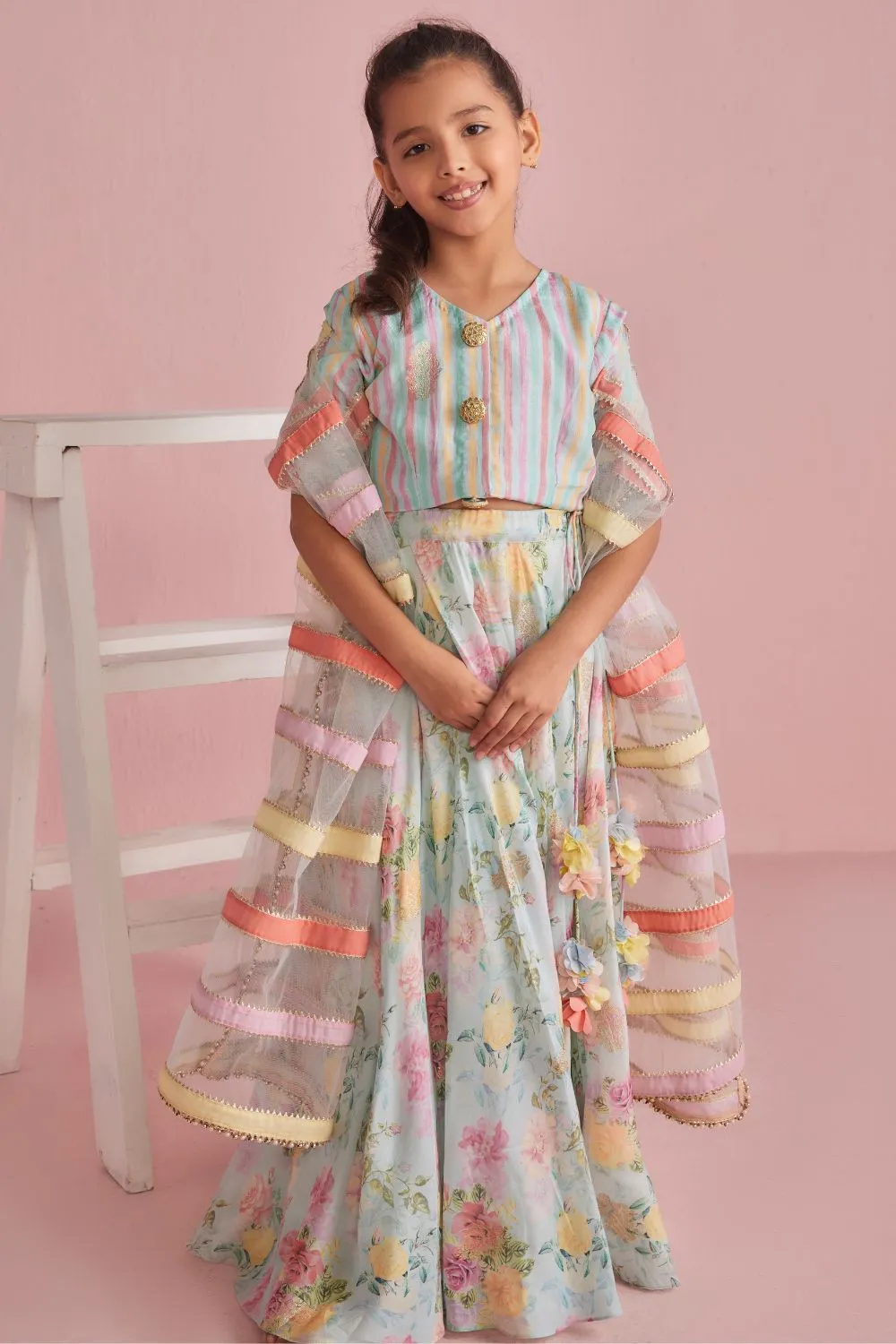 Floral Lehenga With Coordinated Stripe Blouse Set