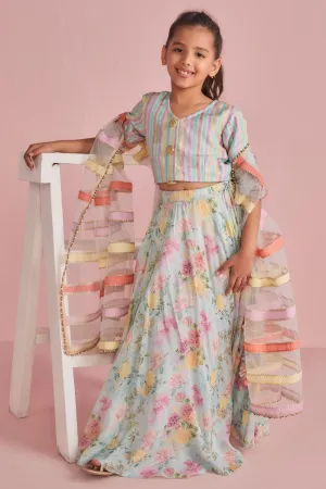 Floral Lehenga With Coordinated Stripe Blouse Set