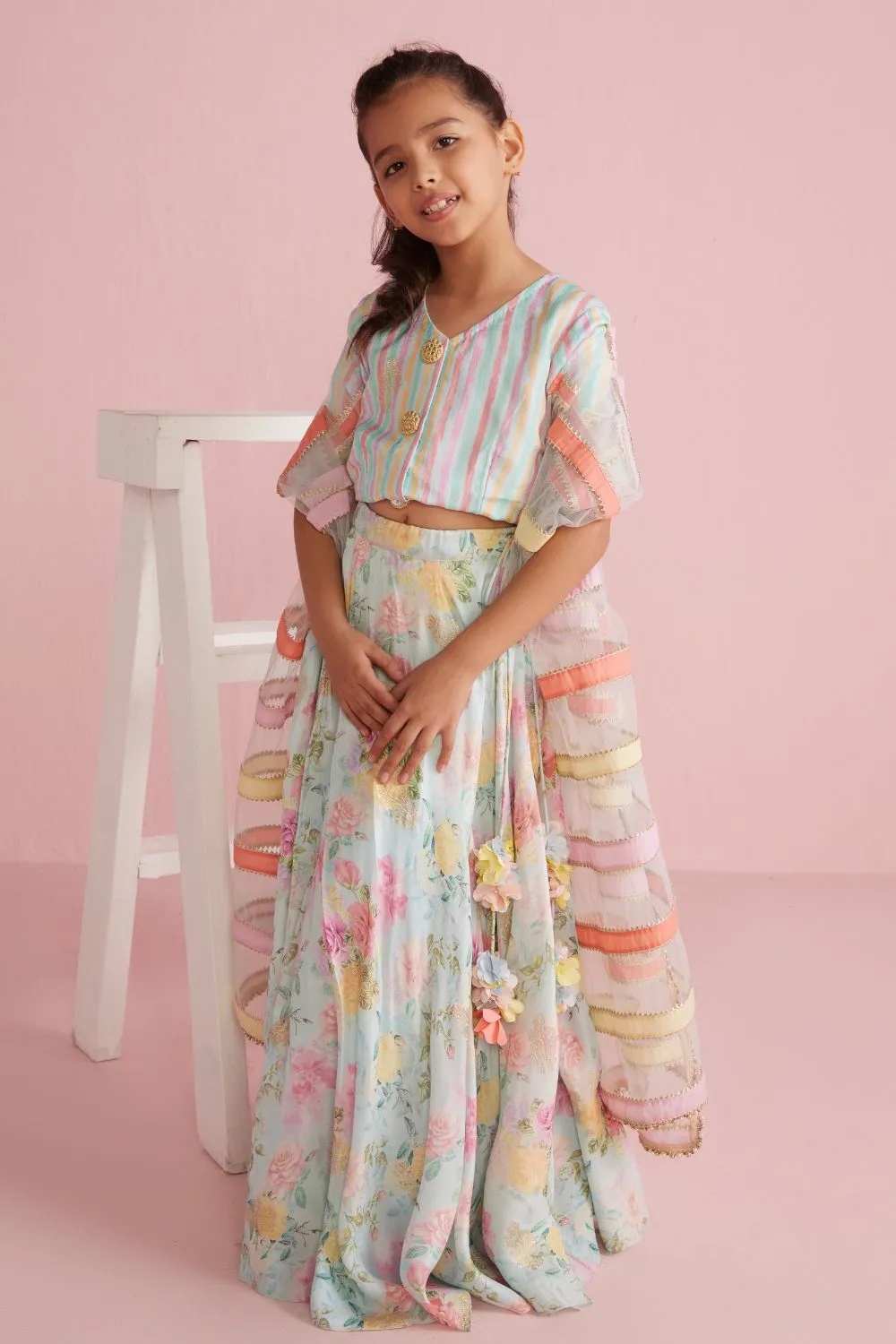 Floral Lehenga With Coordinated Stripe Blouse Set