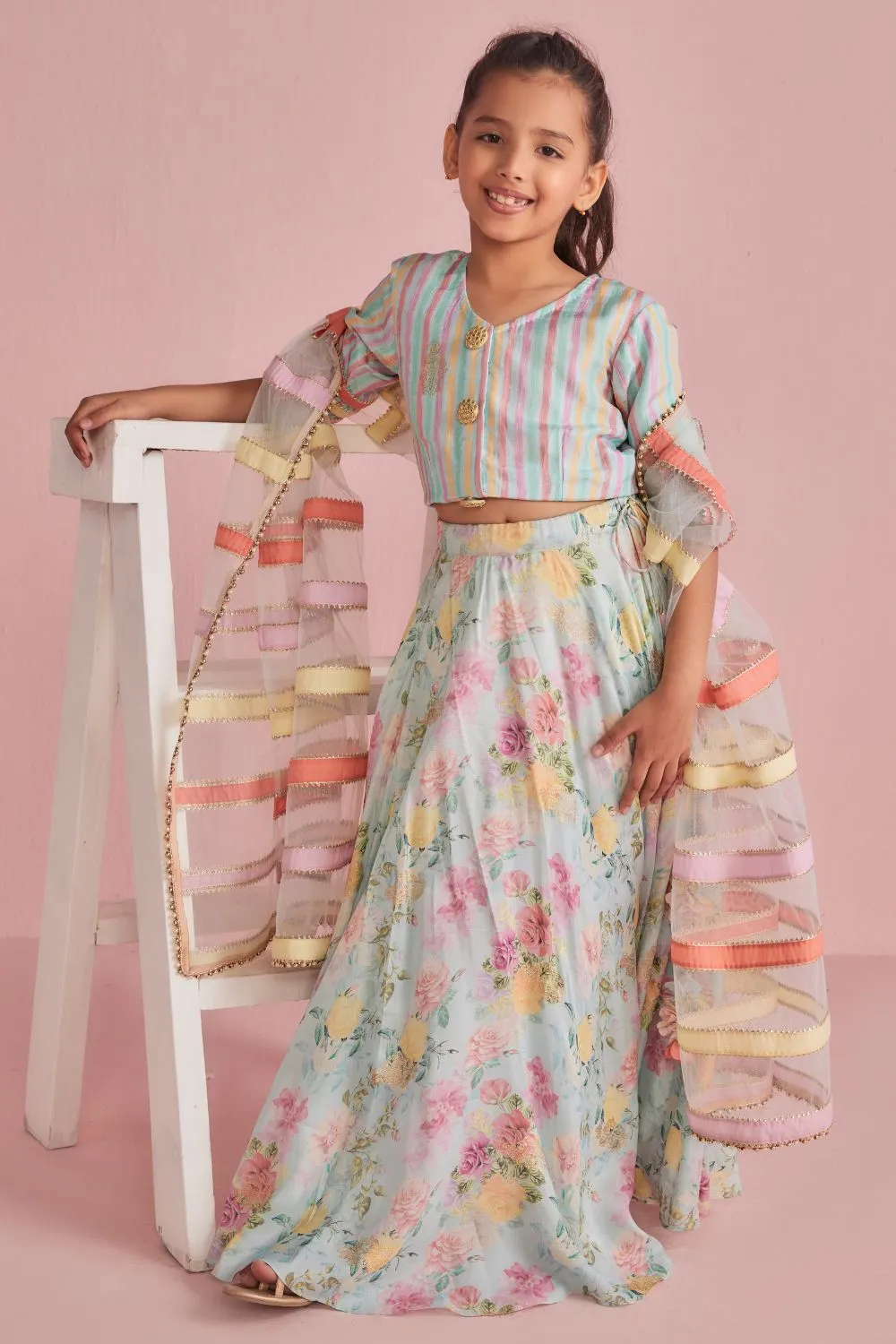 Floral Lehenga With Coordinated Stripe Blouse Set