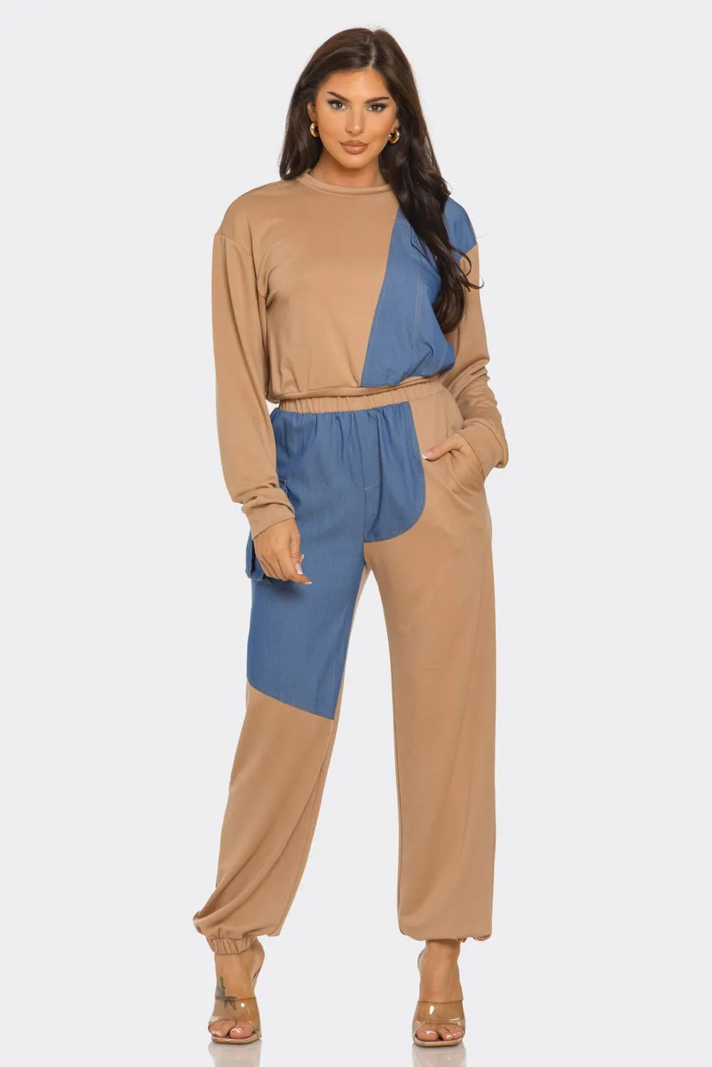 French Terry Color Block Denim Detail Top Pockets Pants Set