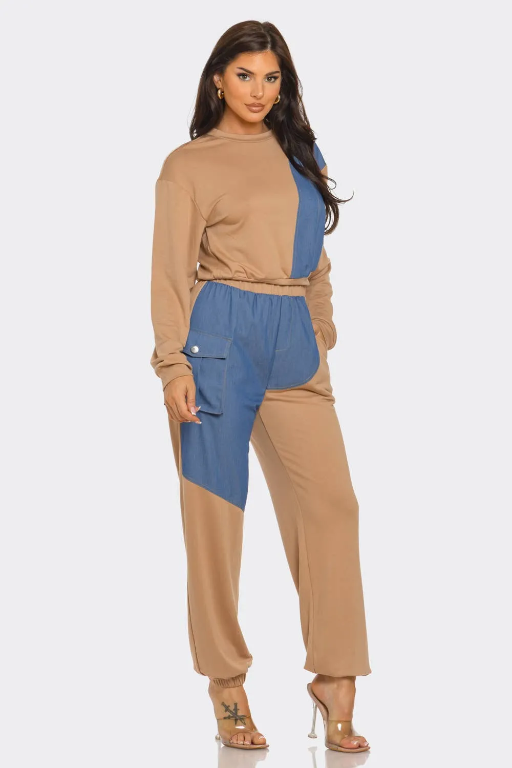 French Terry Color Block Denim Detail Top Pockets Pants Set