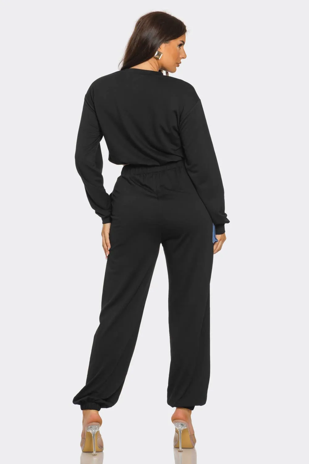 French Terry Color Block Denim Detail Top Pockets Pants Set