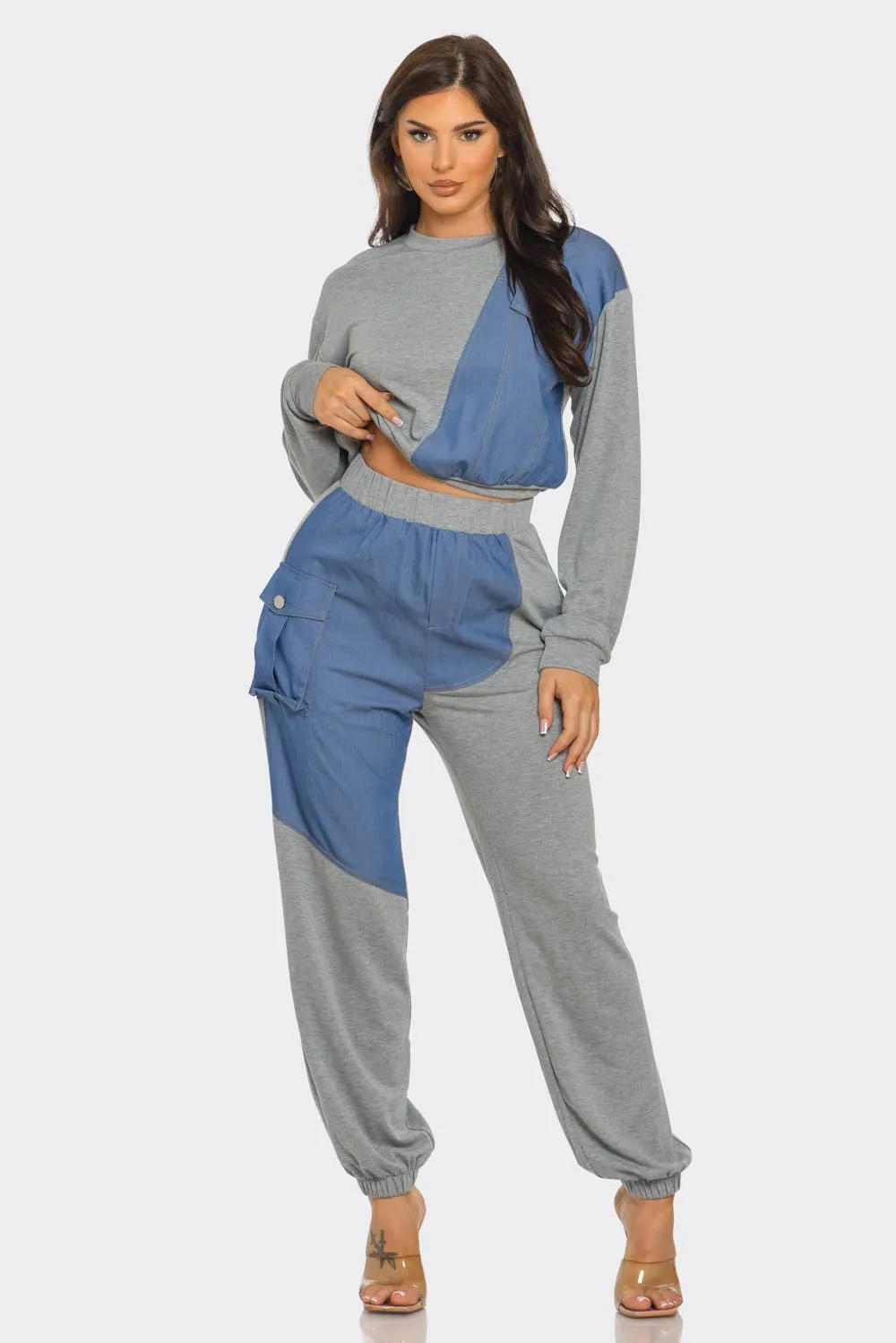 French Terry Color Block Denim Detail Top Pockets Pants Set