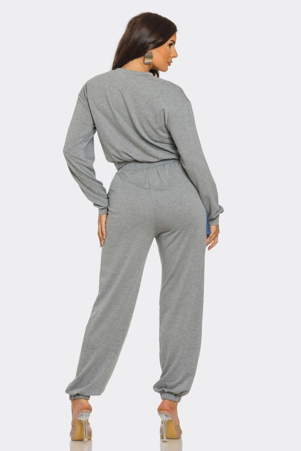 French Terry Color Block Denim Detail Top Pockets Pants Set