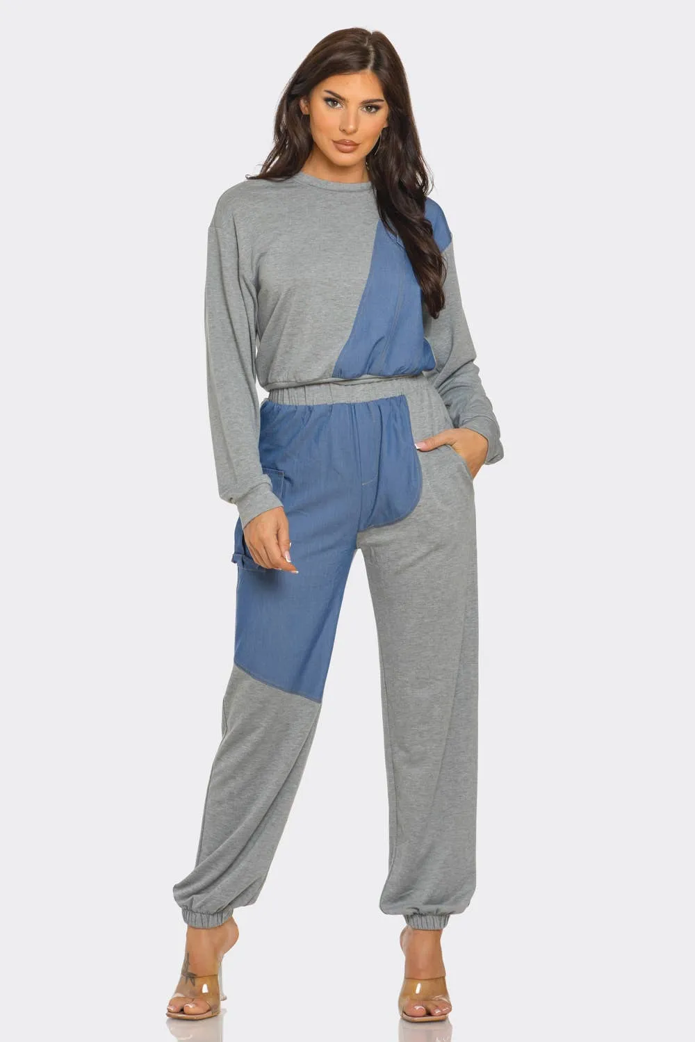 French Terry Color Block Denim Detail Top Pockets Pants Set