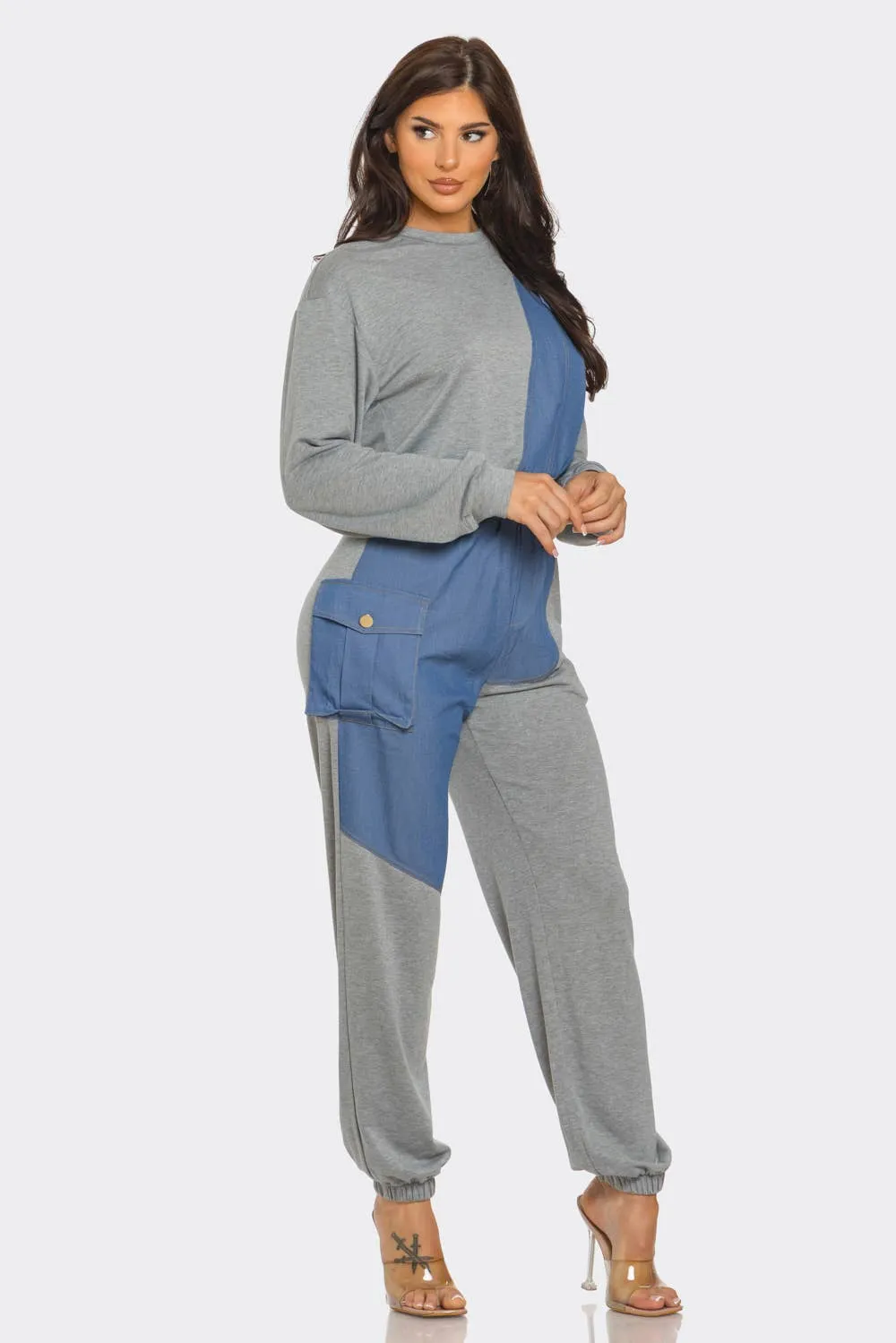 French Terry Color Block Denim Detail Top Pockets Pants Set