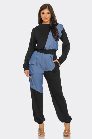 French Terry Color Block Denim Detail Top Pockets Pants Set